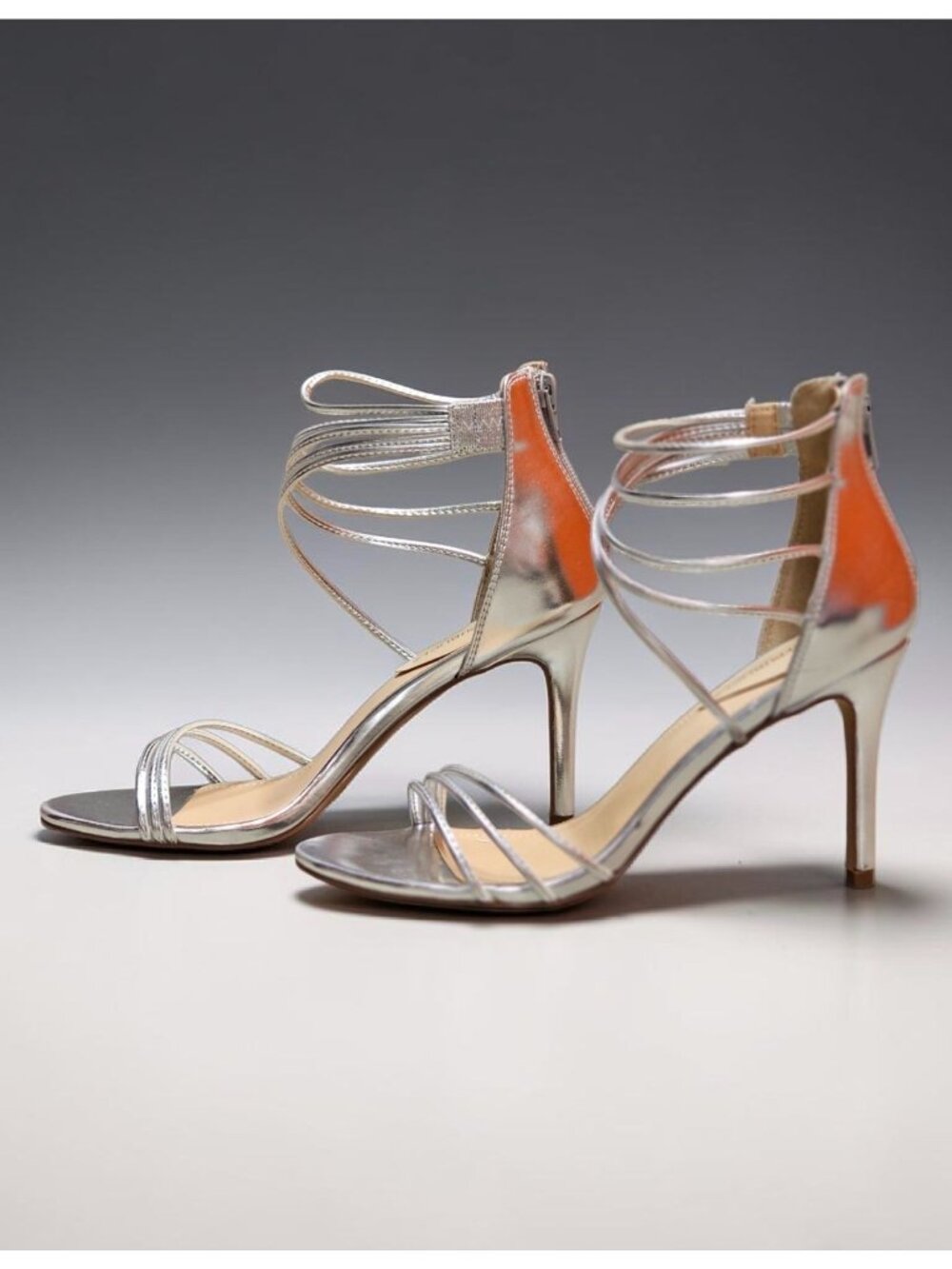 Strappy Metallic Silver High Heel Sandals With Ankle Strap Closure - Womens